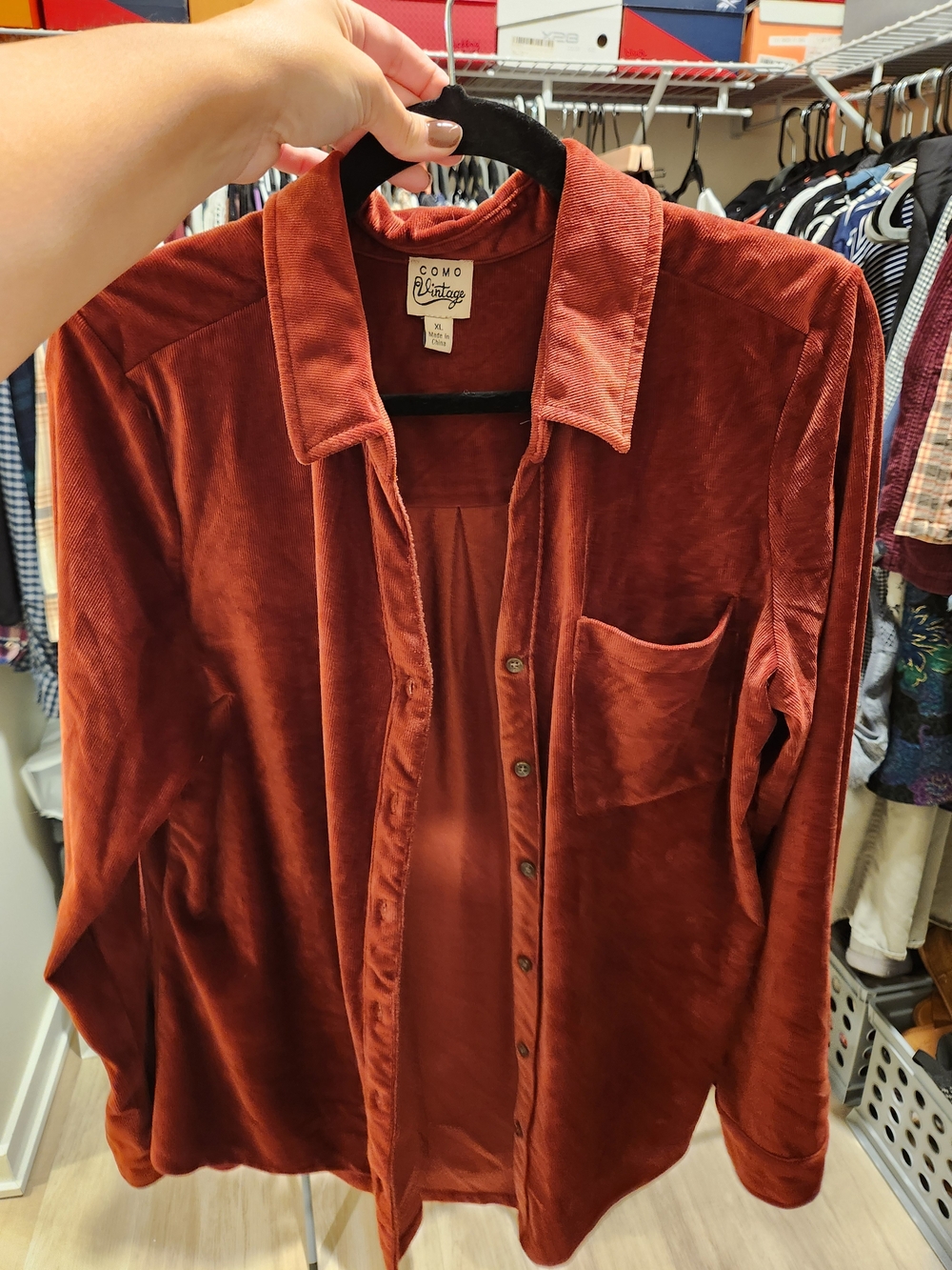 Como Vintage Women's Rust Button-Up Velvet Shirt
